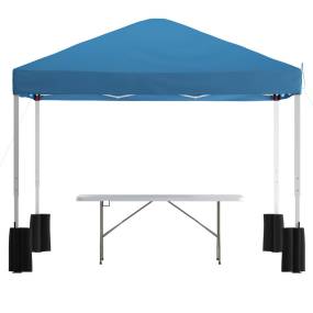 10'x10' Blue Pop Up Canopy Tent with Wheeled Case and 6-Foot Bi-Fold Folding Table with Carrying Handle - Tailgate Tent Set [JJ-GZ10PKG183Z-BL-GG] - Flash Furniture JJ-GZ10PKG183Z-BL-GG