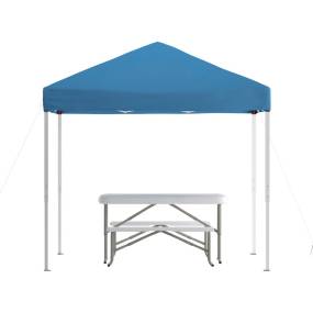 8'x8' Blue Pop Up Event Canopy Tent with Carry Bag and Folding Bench Set - Portable Tailgate, Camping, Event Set [JJ-GZ88103-BL-GG] - Flash Furniture JJ-GZ88103-BL-GG