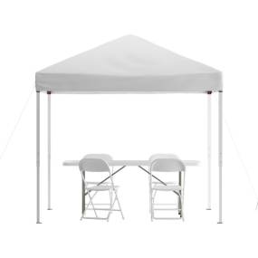 Portable Tailgate/Event Tent Set - 8'x8' White Pop Up Canopy Tent, 6-Foot Bi-Fold Table, Set of 4 White Folding Chairs [JJ-GZ88183Z-4LEL3-WHWH-GG] - Flash Furniture JJ-GZ88183Z-4LEL3-WHWH-GG