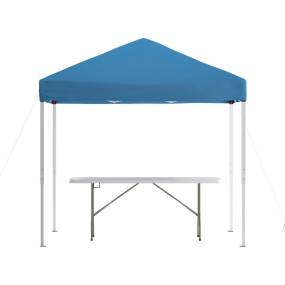 8'x8' Blue Pop Up Event Canopy Tent with Carry Bag and 6-Foot Bi-Fold Folding Table with Carrying Handle - Tailgate Tent Set [JJ-GZ88183Z-BL-GG] - Flash Furniture JJ-GZ88183Z-BL-GG