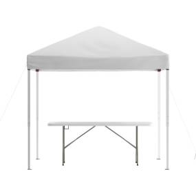 8'x8' White Pop Up Event Canopy Tent with Carry Bag and 6-Foot Bi-Fold Folding Table with Carrying Handle - Tailgate Tent Set [JJ-GZ88183Z-WH-GG] - Flash Furniture JJ-GZ88183Z-WH-GG