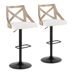 Charlotte Farmhouse Adjustable Height Barstool with Swivel in Black Metal, White Washed Wood, Cream Fabric and Rounded Rectangle Footrest - Set of 2 - Lumisource BS-CHARLOT-RNR2 BKWWCR2