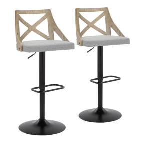 Charlotte Farmhouse Adjustable Height Barstool with Swivel in Black Metal, White Washed Wood, Light Grey Fabric and Rounded Rectangle Footrest - Set of 2 - Lumisource BS-CHARLOT-RNR2 BKWWLGY2