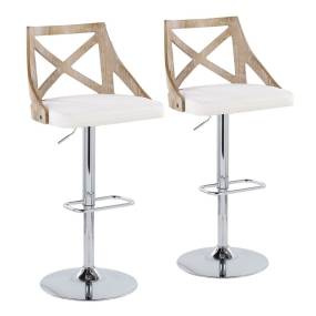 Charlotte Farmhouse Adjustable Height Barstool with Swivel in Chrome Metal, White Washed Wood, Cream Fabric and Rounded Rectangle Footrest - Set of 2 - Lumisource BS-CHARLOT-RNR2 CHRWWCR2