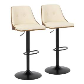 Gianna Mid-Century Modern Adjustable Barstool with Swivel in Black Metal, Walnut Wood and Cream Faux Leather with Oval Footrest - Set of 2 - Lumisource BS-GNNPU-OVL2 BKWLCR2