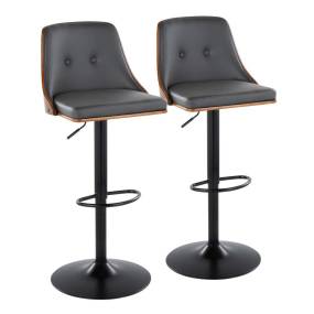 Gianna Mid-Century Modern Adjustable Barstool with Swivel in Black Metal, Walnut Wood and Grey Faux Leather with Oval Footrest - Set of 2 - Lumisource BS-GNNPU-OVL2 BKWLGY2