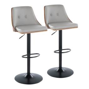 Gianna Mid-Century Modern Adjustable Barstool with Swivel in Black Metal, Walnut Wood and Light Grey Faux Leather with Oval Footrest - Set of 2 - Lumisource BS-GNNPU-OVL2 BKWLLGY2