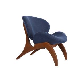 New Ridge Home Goods Modern Curved Wood Slipper Accent Chair for Small Spaces, Living Room or Bedroom, Navy/Black Upholstery With Walnut Finish - New Ridge 72079-C255