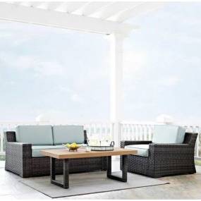 Beaufort 3Pc Outdoor Wicker Conversation Set Mist/Brown - Loveseat, Chair , & Coffee Table - Crosley KO70101BR