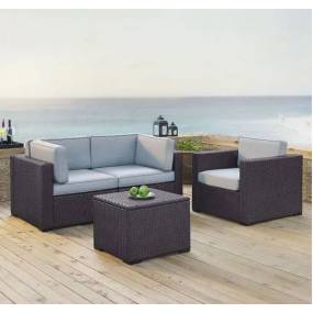 Biscayne 4Pc Outdoor Wicker Conversation Set Mist/Brown - Arm Chair, Coffee Table, & 2 Corner Chairs - Crosley KO70115BR-MI