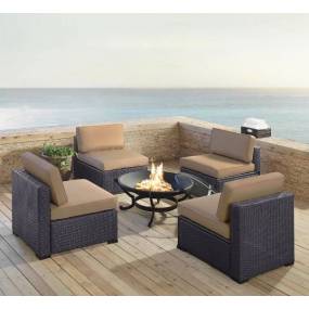 Biscayne 5Pc Outdoor Wicker Conversation Set W/Fire Pit Mocha/Brown - Ashland Firepit & 4 Armless Chairs - Crosley KO70122BR-MO