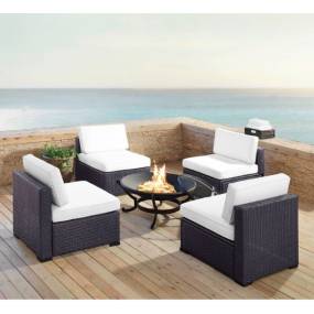 Biscayne 5Pc Outdoor Wicker Conversation Set W/Fire Pit White/Brown - Ashland Firepit & 4 Armless Chairs - Crosley KO70122BR-WH