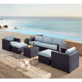 Biscayne 7Pc Outdoor Wicker Sectional Set Mist/Brown - Loveseat, Corner Chair, Coffee Table, 2 Arm Chairs, & 2 Ottomans - Crosley KO70113BR-MI