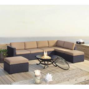 Biscayne 6Pc  Outdoor Wicker Sectional Set W/Fire Pit Mocha/Brown - Ashland Firepit, 2 Loveseats,  Armless Chair, & 2 Ottomans - Crosley KO70120BR-MO