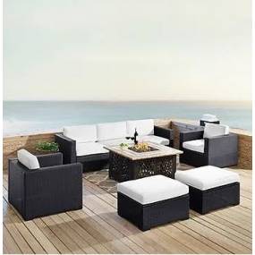 Biscayne 7Pc Outdoor Wicker Sectional Set W/Fire Table White/Brown - Loveseat, Corner Chair, Tucson Fire Table, 2 Armchairs, & 2 Ottomans - Crosley KO70116BR-WH