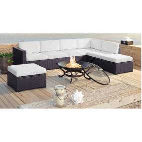 Biscayne 6Pc  Outdoor Wicker Sectional Set W/Fire Pit White/Brown - Ashland Firepit, 2 Loveseats,  Armless Chair, & 2 Ottomans - Crosley KO70120BR-WH