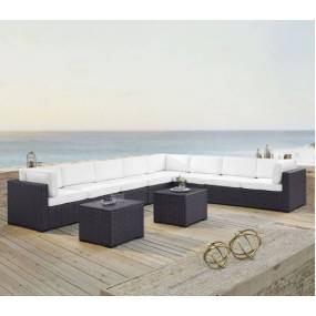 Biscayne 7Pc Outdoor Wicker Sectional Set White/Brown - 3 Loveseats, 2 Armless Chair, & 2 Coffee Tables - Crosley KO70109BR-WH