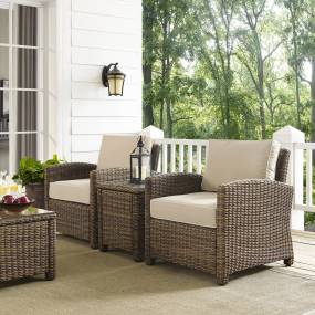 Bradenton 3Pc Outdoor Wicker Armchair Set Sand/Weathered Brown - Side Table & 2 Armchairs - Crosley KO70052WB-SA