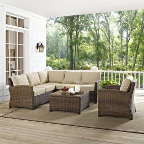 Bradenton 5Pc Outdoor Wicker Sectional Set Sand/Weathered Brown - Right Side Loveseat, Left Side Loveseat, Corner Chair, Arm Chair, & Sectional Glass Top Coffee Table - Crosley KO70021WB-SA