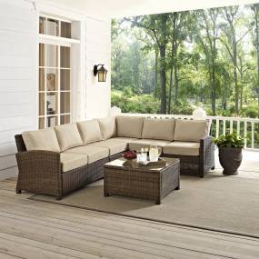 Bradenton 5Pc Outdoor Wicker Sectional Set Sand/Weathered Brown - Right Side Loveseat, Left Side Loveseat, Corner Chair, Center Chair, & Sectional Glass Top Coffee Table - Crosley KO70020WB-SA