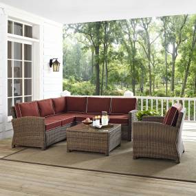 Bradenton 5Pc Outdoor Wicker Sectional Set Sangria/Weathered Brown - Right Side Loveseat, Left Side Loveseat, Corner Chair, Arm Chair, & Sectional Glass Top Coffee Table - Crosley KO70021WB-SG