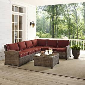 Bradenton 5Pc Outdoor Wicker Sectional Set Sangria/Weathered Brown - Right Side Loveseat, Left Side Loveseat, Corner Chair, Center Chair, & Sectional Glass Top Coffee Table - Crosley KO70020WB-SG