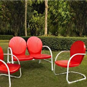 Griffith 3Pc Outdoor Metal Conversation Set Bright Red Gloss - Loveseat,  2 Chairs - Crosley KO10002RE