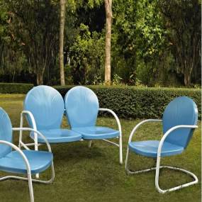 Griffith 3Pc Outdoor Metal Conversation Set Sky Blue Gloss/White Satin - Loveseat,  2 Chairs - Crosley KO10002BL