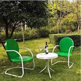 Griffith 3Pc Outdoor Metal Armchair Set Kelly Green Gloss/White Satin - Side Table & 2 Chairs - Crosley KO10004GR
