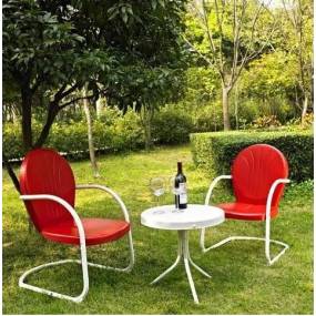Griffith 3Pc Outdoor Metal Armchair Set Bright Red Gloss/White Satin - Side Table & 2 Chairs - Crosley KO10004RE