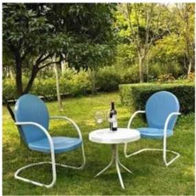 Griffith 3Pc Outdoor Metal Armchair Set Sky Blue Gloss/White Satin - Side Table & 2 Chairs - Crosley KO10004BL