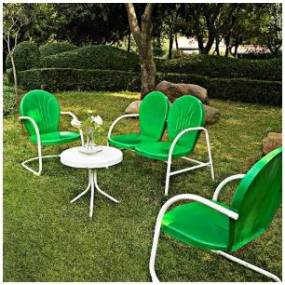 Griffith 4Pc Outdoor Metal Conversation Set Kelly Green Gloss/White Satin - Loveseat, Side Table, & 2 Chairs - Crosley KO10001GR