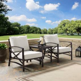 Kaplan 3Pc Outdoor Metal Armchair Set Oatmeal/Oil Rubbed Bronze - Side Table & 2 Chairs - Crosley KO60016BZ-OL