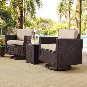 Palm Harbor 3Pc Outdoor Wicker Swivel Chair Set Sand/Brown - Side Table & 2 Swivel Chairs - Crosley KO70058BR-SA
