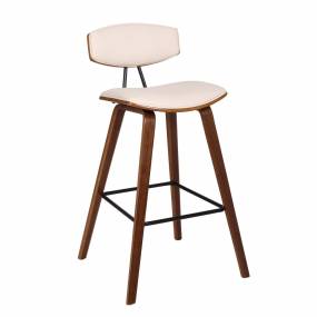 Fox 28.5" Mid-Century Bar Height Barstool in Cream Faux Leather with Walnut Wood - Armen Living LCFOBAWACR30