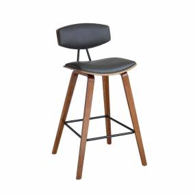Fox 25.5" Mid-Century Counter Height Barstool in Gray Faux Leather with Walnut Wood - Armen Living LCFOBAWAGR26