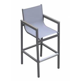 Armen Living Marina Outdoor Patio Barstool in Grey Powder Coated Finish with Grey Sling Textilene and Grey Wood Accent Arms - Armen Living LCMABAGR