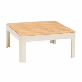 Portals Outdoor Square Coffee Table in Light Matte Sand Finish with Natural Teak Wood Top - Armen Living LCPLCONAT