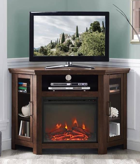48" Wood Corner Fireplace Media TV Stand Console in Traditional Brown