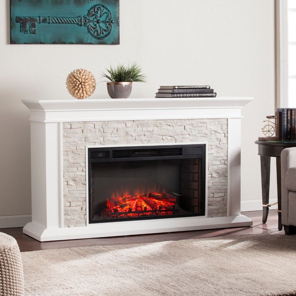 Canyon Heights Faux Stacked Stone Electric Fireplace in White