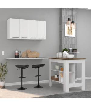 Caledon 2 Piece Kitchen Set, Kitchen Island + Upper Wall Cabinet , White /Walnut - FM Furniture CKIT10