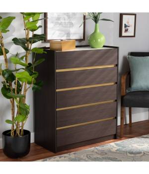 Baxton Studio Walker Modern and Contemporary Dark Brown and Gold Finished Wood 5-Drawer Chest with Faux Marble Top - Wholesale Interiors LV25COD25230-Modi Wenge/Marble-5DW-Chest