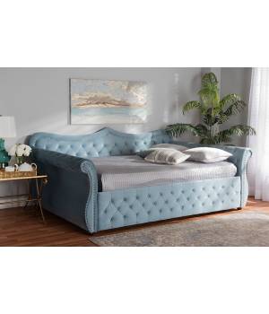 Baxton Studio Abbie Traditional & Transitional Light Blue Velvet Fabric & Crystal Tufted Full Size Daybed - Wholesale Interiors Abbie-Light Blue Velvet-Daybed-Full