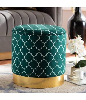 Baxton Studio Serra Glam & Luxe Teal Green Quatrefoil Velvet Fabric Gold Finished Metal Storage Ottoman - Wholesale Interiors JY19A257-Teal/Gold-Otto