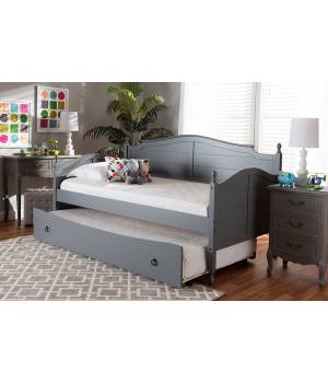 Baxton Studio Mara Cottage Farmhouse Grey Finished Wood Twin Size Daybed with Roll-Out Trundle Bed - MG0030-Grey-Daybed