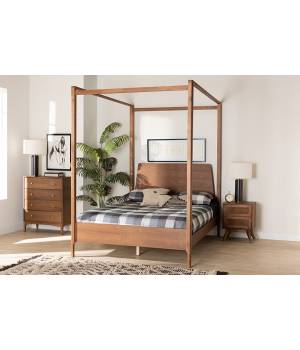 Baxton Studio Roman Classic and Traditional Ash Walnut Finished Wood Queen Size Canopy Bed - Wholesale Interiors MG0103-2-Ash Walnut-Queen