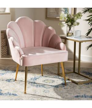 Baxton Studio Cinzia Glam & Luxe Light Pink Velvet Fabric Gold Finished Seashell Shaped Accent Chair - Wholesale Interiors TSF-6665-Light Pink/Gold-CC