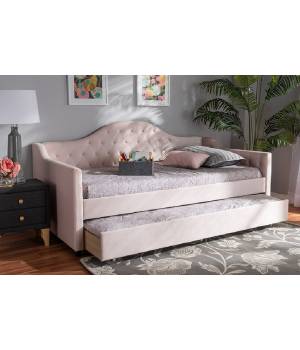 Baxton Studio Perry Modern Light Pink Velvet Fabric & Button Tufted Twin Size Daybed w/  Trundle - CF8940-Light Pink-Daybed-T/T
