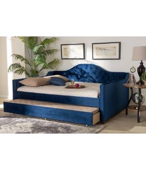 Baxton Studio Perry Modern Royal Blue Velvet Fabric & Button Tufted Queen Size Daybed w/  Trundle - CF8940-Navy Blue-Daybed-Q/T