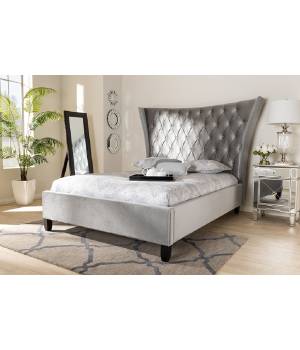 Baxton Studio Viola Glam & Luxe Grey Velvet Fabric & Button Tufted Queen Size Platform Bed w/  Tall Wingback Headboard - CF9015-Silver Grey-Queen